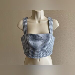Lulus Women’s White & Blue Plaid Sleeveless Side Zip Cropped Top s M